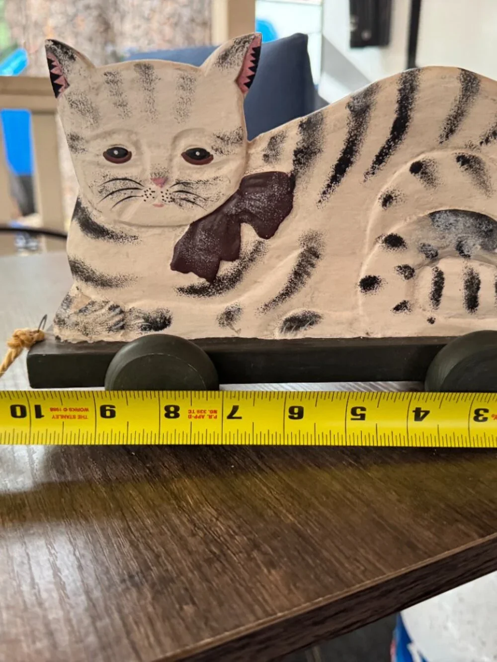 Vintage Cabin Cottage Wooden Folk Art Tabby Cat Pull Toy